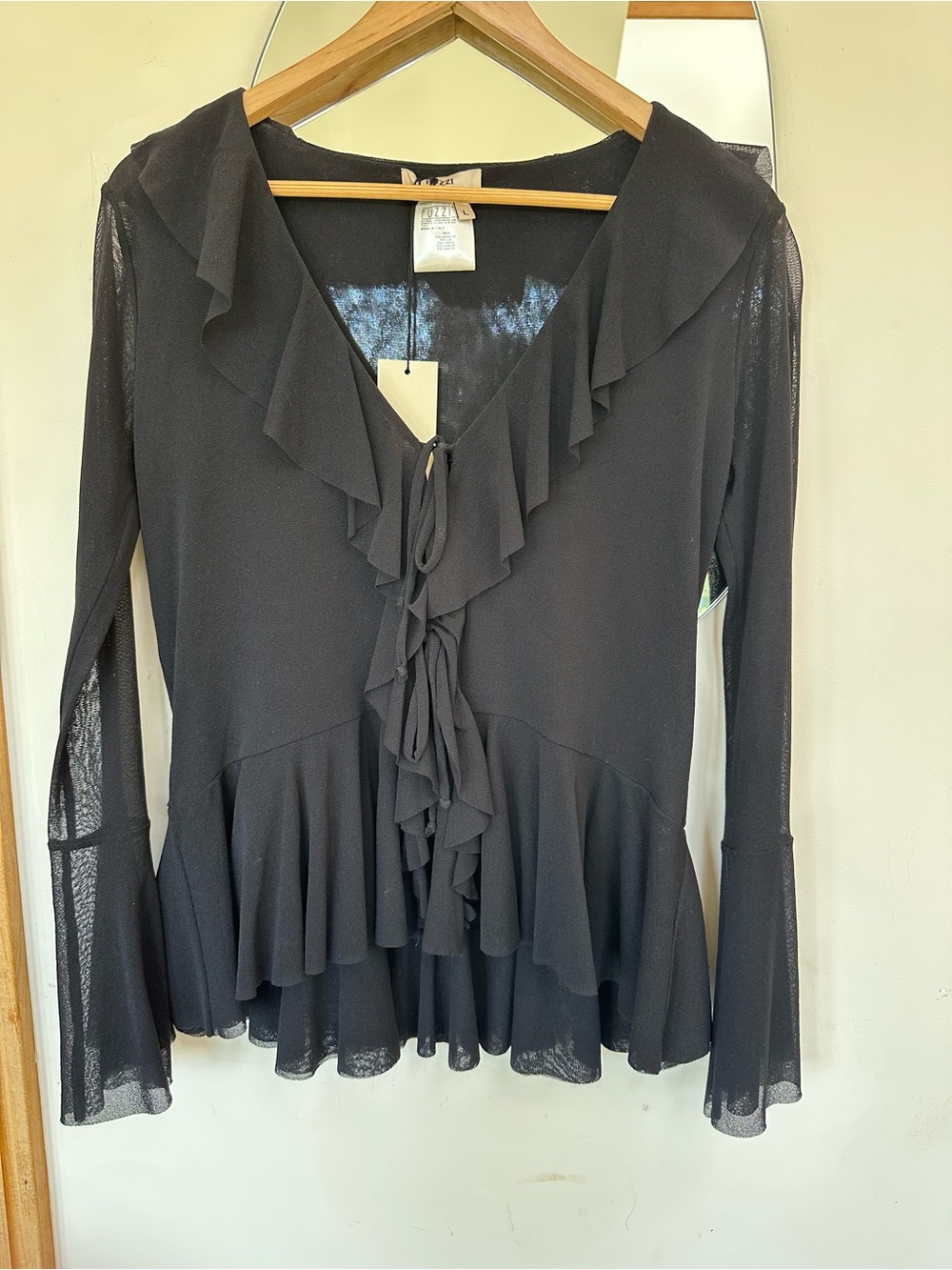 Women's Black Ruffle Tie-Front Long Sleeve Top.
